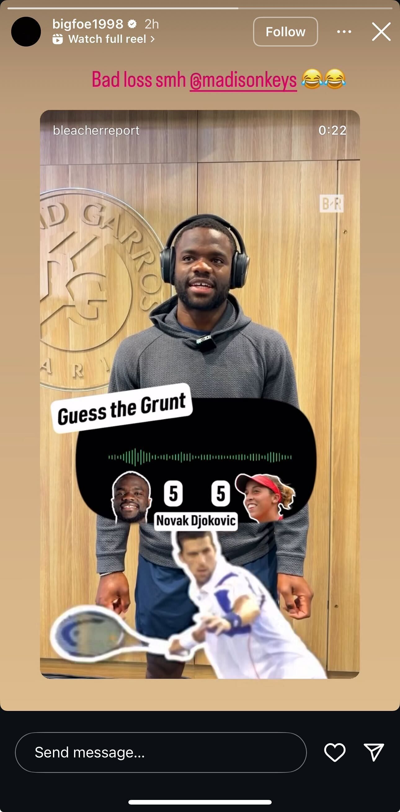 Frances Tiafoe plays "Guess the Grunt" with Madison Keys ahead of the French Open (Source: Instagram)